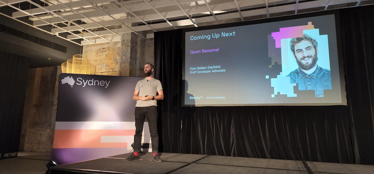 quorralyne's tweet photo. Mister @sambego is on da stage! #DevDaysSydney #DeveloperDays2022 @auth0 @oktadev https://t.co/3nrEEQGxAc