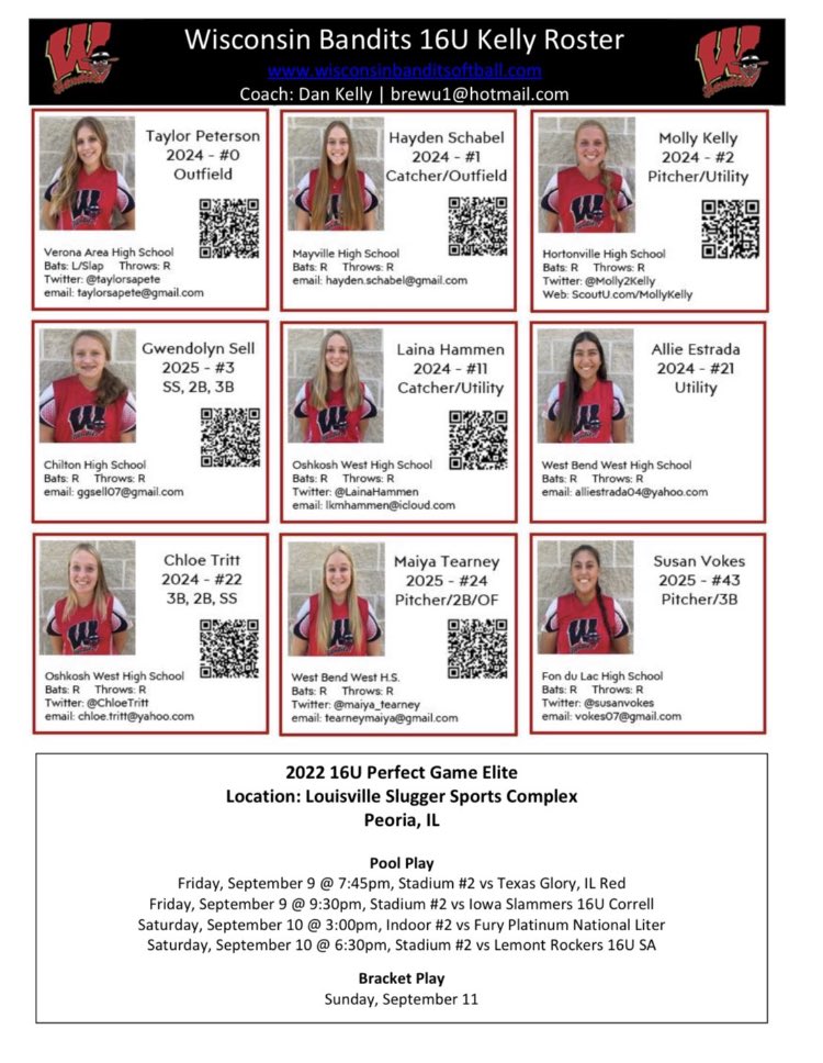 maiya_tearney's tweet photo. So excited to start my season with my team at the 16U Perfect Game Elite tournament in Peoria, IL!!! My roster and game times are included in the picture! #wisconsinbandits #softball https://t.co/n6AVJtF4lI