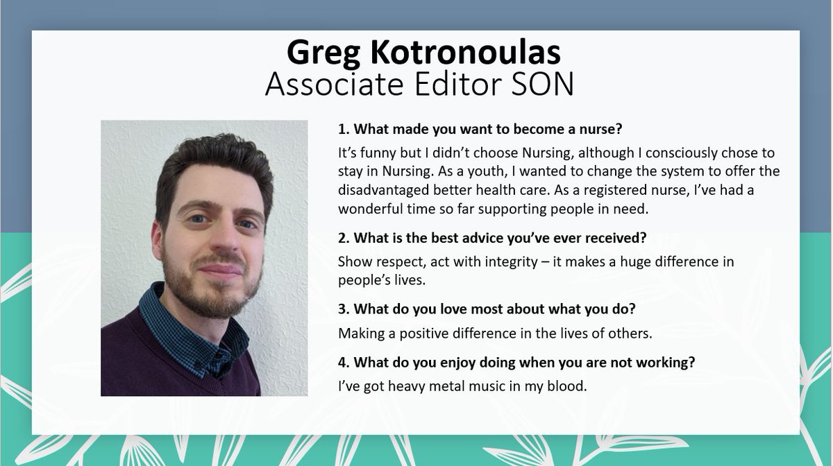 Seminars in Oncology Nursing (@semoncnurs) on Twitter photo Introducing SON Associate Editor Greg Kotronoulas <a href="/nursGK704/">Grig Kotronoulas</a>
Greg has clinical experience in systemic anticancer therapies & 17 years of research experience with interests in advanced cancer, person-reported outcomes, advanced symptom management, and supportive care interventions Introducing SON Associate Editor Greg Kotronoulas <a href="/nursGK704/">Grig Kotronoulas</a>
Greg has clinical experience in systemic anticancer therapies & 17 years of research experience with interests in advanced cancer, person-reported outcomes, advanced symptom management, and supportive care interventions