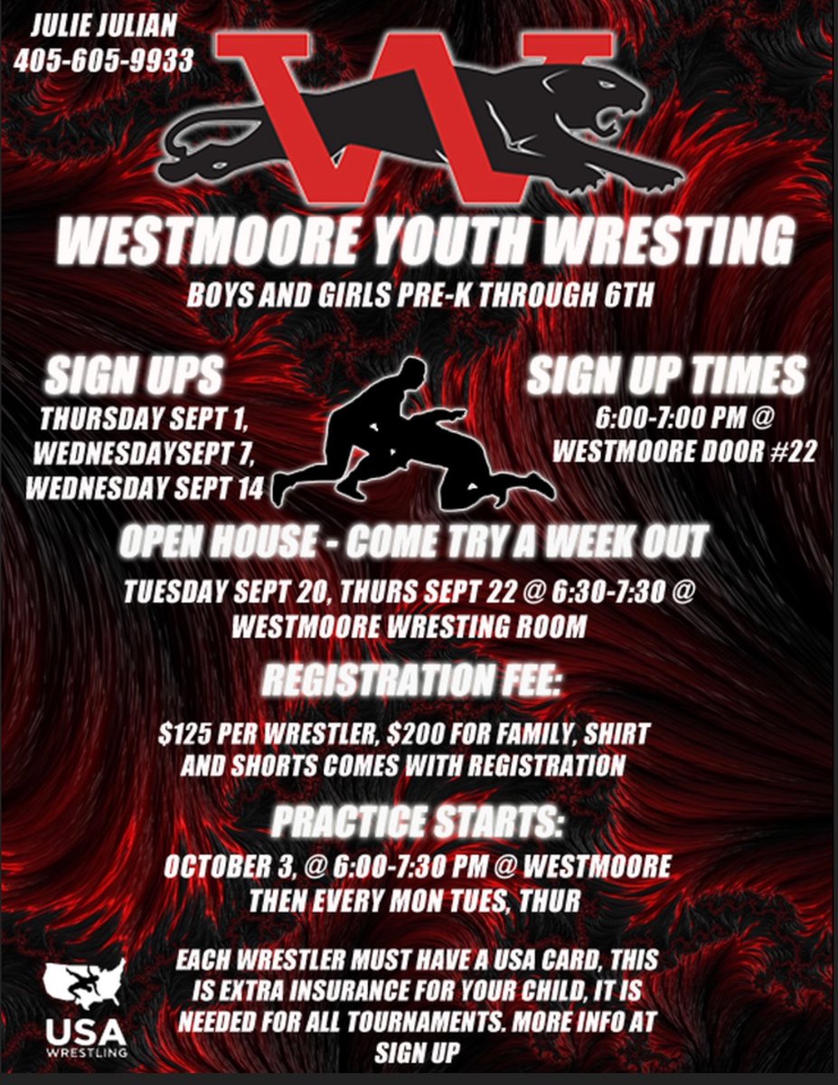 Youth Wrestling Sign ups are here! See attached flier! Come give Wrestling a try! @MoorePublicSch @WestmooreHS @o__wrestle @OKUSAwrestling @okhsscores @Moore_Monthly @MooreSportsTV @CoachWEvans