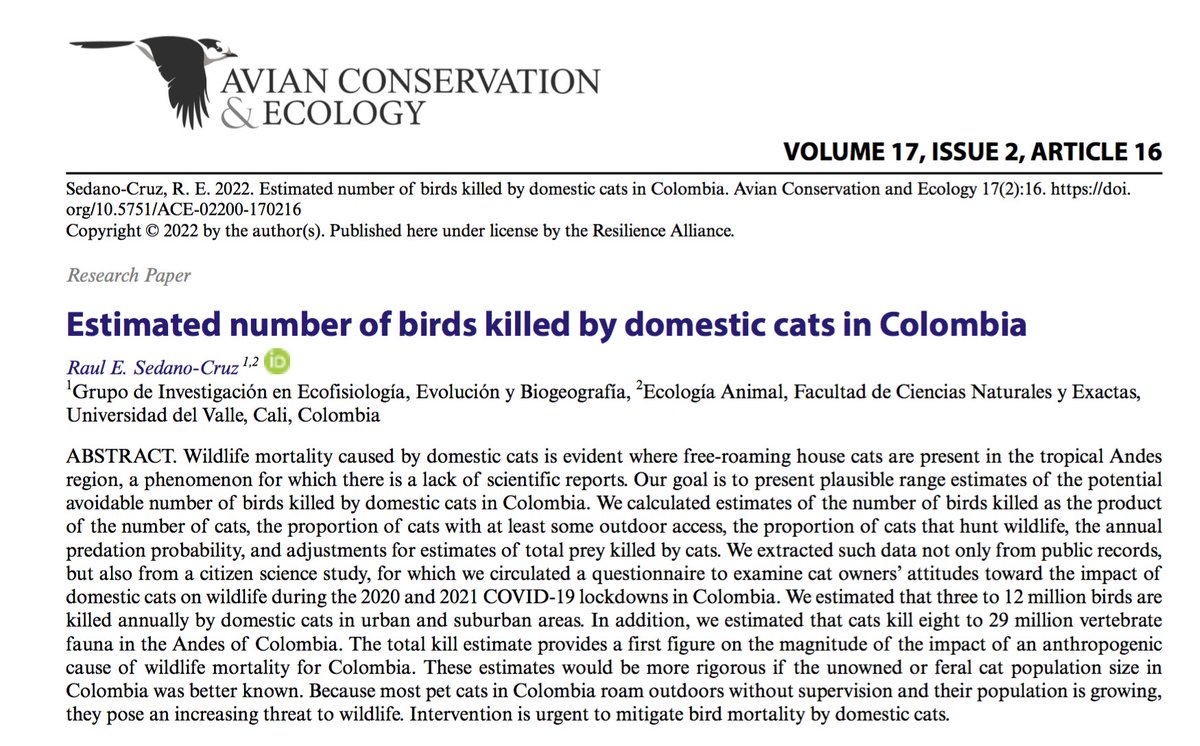 #PaperAlert: Se estima que en Colombia, el país con mayor biodiversidad de aves, los gatos domésticos  pueden cazar aprox. entre 3 y 12 milones de individuos al año.

Link al artículo publicado en <a href="/AvianAce/">ACE</a>: ace-eco.org/vol17/iss2/art…

#CienciaCriolla <a href="/UnivalleCol/">Universidad del Valle</a>