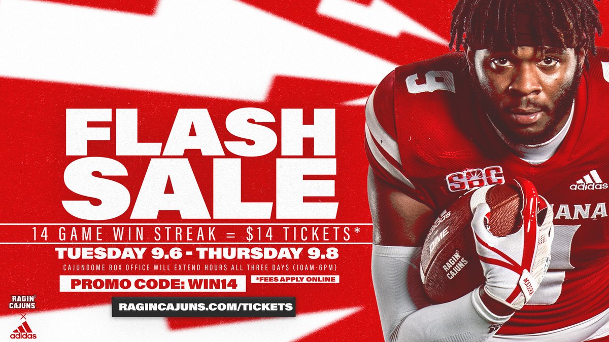 RaginCajunsFB's tweet photo. ⚡️🎟 When the Cajuns win, you win!

Get your tickets for Saturday's game against Eastern Michigan for just $𝟭𝟰 by using the code 𝗪𝗜𝗡𝟭𝟰 or by visiting the Cajundome Box Office (fees apply online). 

This deal only lasts until 9/8 so don't wait! 

#cULture | #PackCajunField https://t.co/gmpJYMpi2o