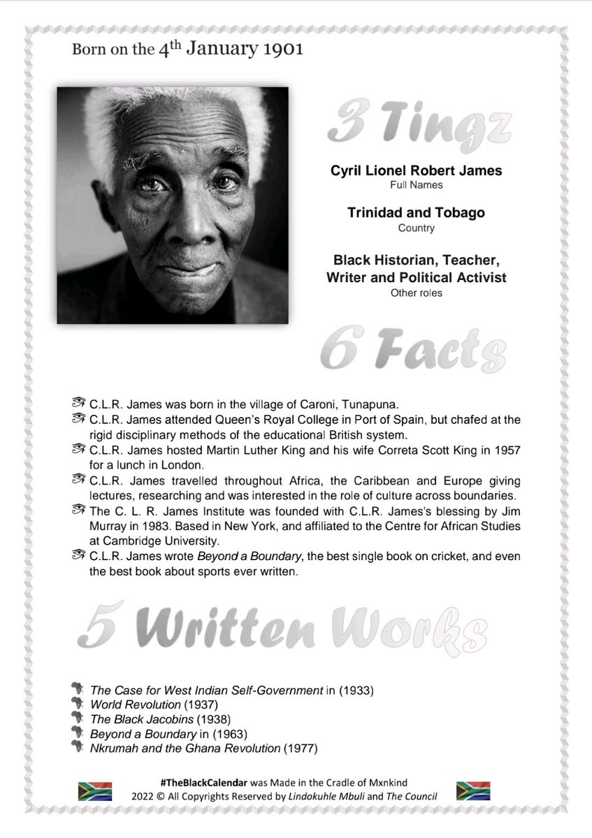 calendar_black's tweet photo. Today we take a Moment to: Remind and Inspire you...

Profile CandiDATE: CLR James
Date of Birth: 4 January 1901

For more information, see below.

Quote of the Month: "Research is formalized curiosity. It is poking and prying with a purpose."

#TheBlackCalendar
126 of 365 https://t.co/62Y15QiKXa