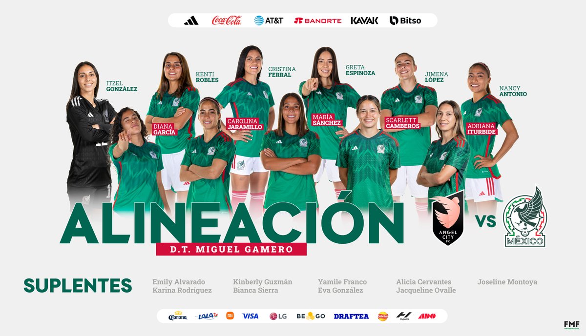 Miseleccionfem's tweet photo. 👤𝗔𝗹𝗶𝗻𝗲𝗮𝗰𝗶𝗼́𝗻
🆚@weareangelcity 
 
¡Aquí el XI con el que buscaremos el triunfo en la @CopaAngelina!💪🏻🇲🇽

#CopaAngelina | #TuCanchaLaEligesTú https://t.co/R3sVqQlRPe