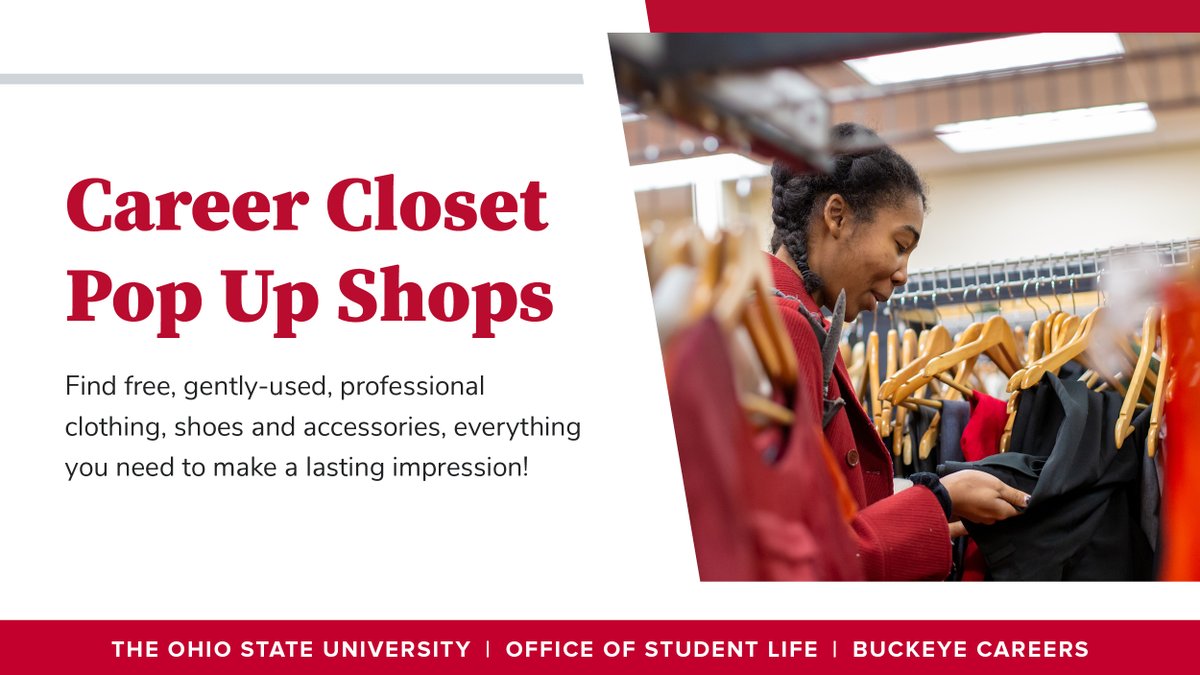 🛑Career Closet is officially here! Stop by Younkin Success Center, Rm 150 from 11:30-2:30 to check out the wide variety of free professional attire available to all Buckeyes! Bring your BuckID to check in and go shopping! More info: careers.osu.edu