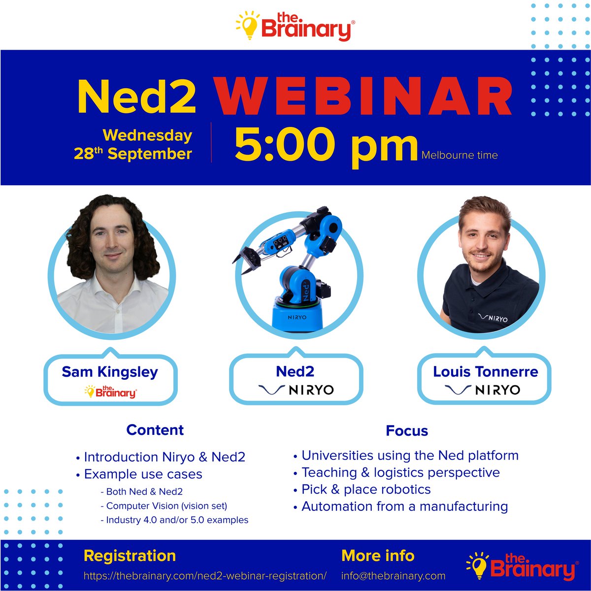 TheBrainary_AU's tweet photo. Meet Ned2, 6-axis a robotic arm this 28th of September 2022 at 5:00pm. It will be presented by Louis Tonnerre from @NiryoRobotics and Sam Kingsley from @TheBrainary. Register now and learn more about it, here👉https://t.co/5hw4CPmOET
#Niryo #webinar #students #Industry40 https://t.co/nwQDB0okTH
