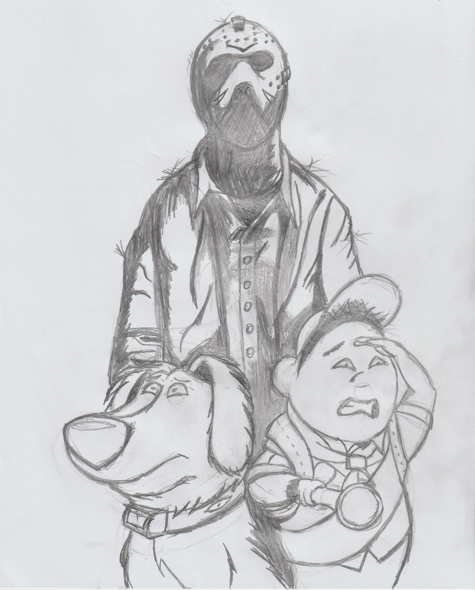 JaimeMeyers09's tweet photo. Ch. Ch. Ch. Caw. Caw. Roar!  #DugandRussell wandered into the wrong camp. #Pencildrawing with #Photoshop for #digitalcolor .  #disney #pixar #pixarup #wildernessexplorers #jasonvorhees #fridaythe13th #horror #drawing #art #halloween #campcrystallake #slasher #disneyart #horrorart https://t.co/0K1OHUnnRV