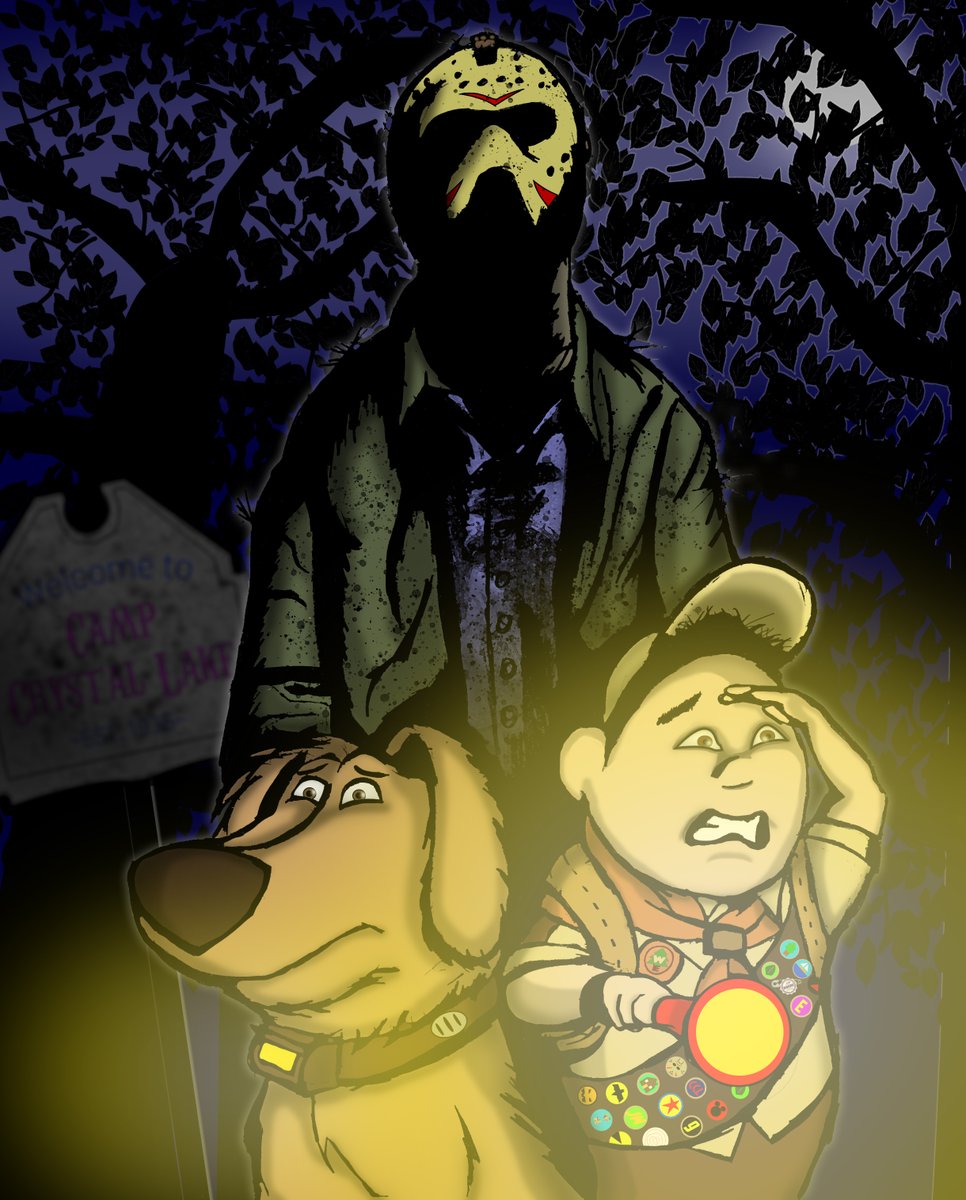 JaimeMeyers09's tweet photo. Ch. Ch. Ch. Caw. Caw. Roar!  #DugandRussell wandered into the wrong camp. #Pencildrawing with #Photoshop for #digitalcolor .  #disney #pixar #pixarup #wildernessexplorers #jasonvorhees #fridaythe13th #horror #drawing #art #halloween #campcrystallake #slasher #disneyart #horrorart https://t.co/0K1OHUnnRV