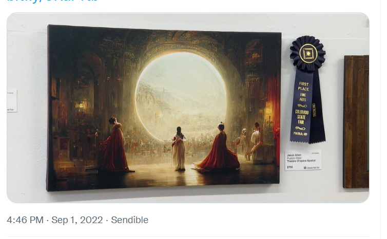 CosmicIceTea's tweet photo. @colostatefair Really sucks that an AI Generated art, that took seconds for the person to click a button, wins the competition that took others actual work. Shame on you for allowing this. https://t.co/bjFXmpSD6o