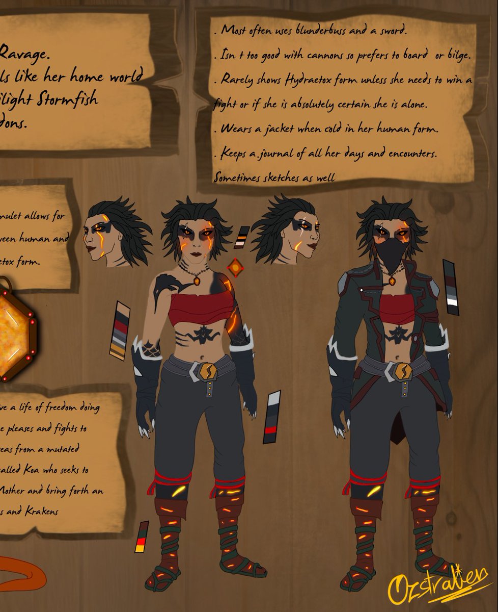 OzstrAlien's tweet photo. I finally have a ref sheet for my #sot pirate, Callora.
A Hydraetox who came to the sea of thieves along side another of her kind after a rogue portal shot them through.
(Will hopefully be posting more lore stuff for her soon)
#SeaOfThieves #BeMorePirate https://t.co/SMilUylnTA