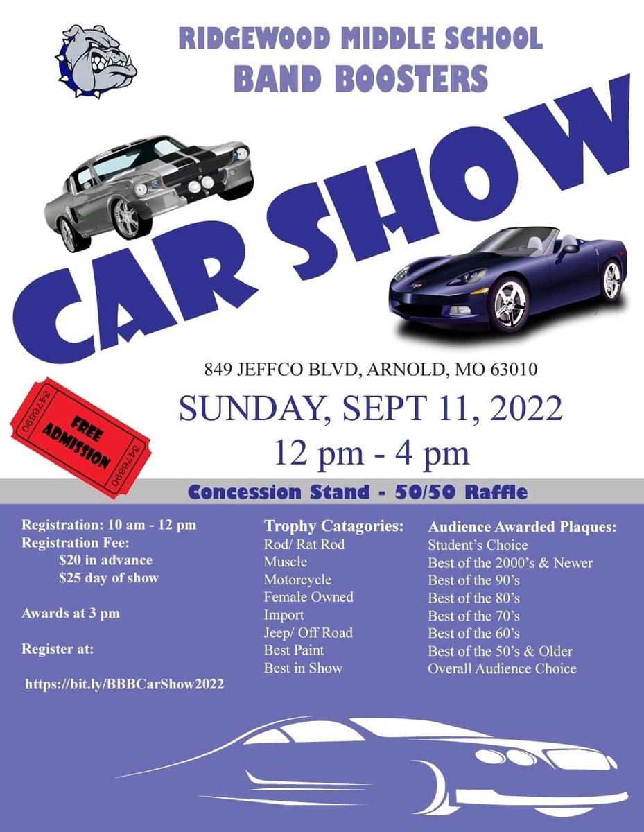 Come support the Ridgewood Middle School Band Boosters next Sunday at their car show! It’s gonna be a great time! <a href="/FoxHSActivities/">Fox High School Activities</a> <a href="/foxc6super/">Dr. Paul Fregeau</a> <a href="/FoxC6Schools/">Fox C-6 Schools</a>