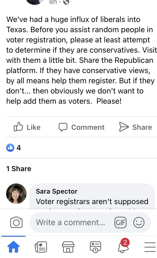 Miriam2626's tweet photo. This post from a local Odessa Republican leader. This is why I became a voter registrar. To combat this sh**!๐ https://t.co/shPHUJNeIa