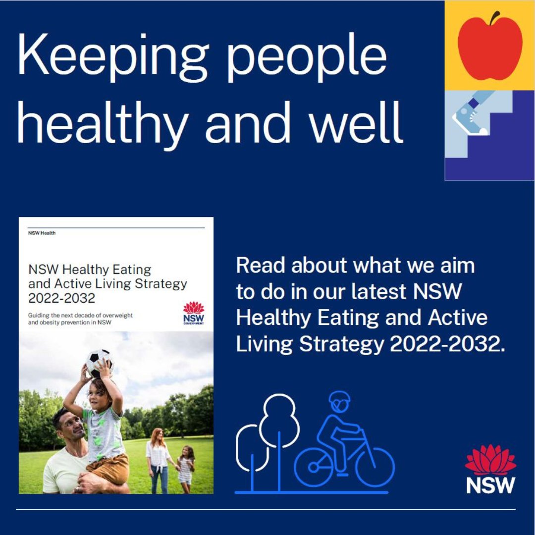 NSW Health is proud to launch the NSW Healthy Eating and Active Living Strategy 2022-2032, a whole-of-government plan to continue investment in the prevention of overweight and obesity in NSW.

Read the strategy: health.nsw.gov.au/heal/Pages/nsw…