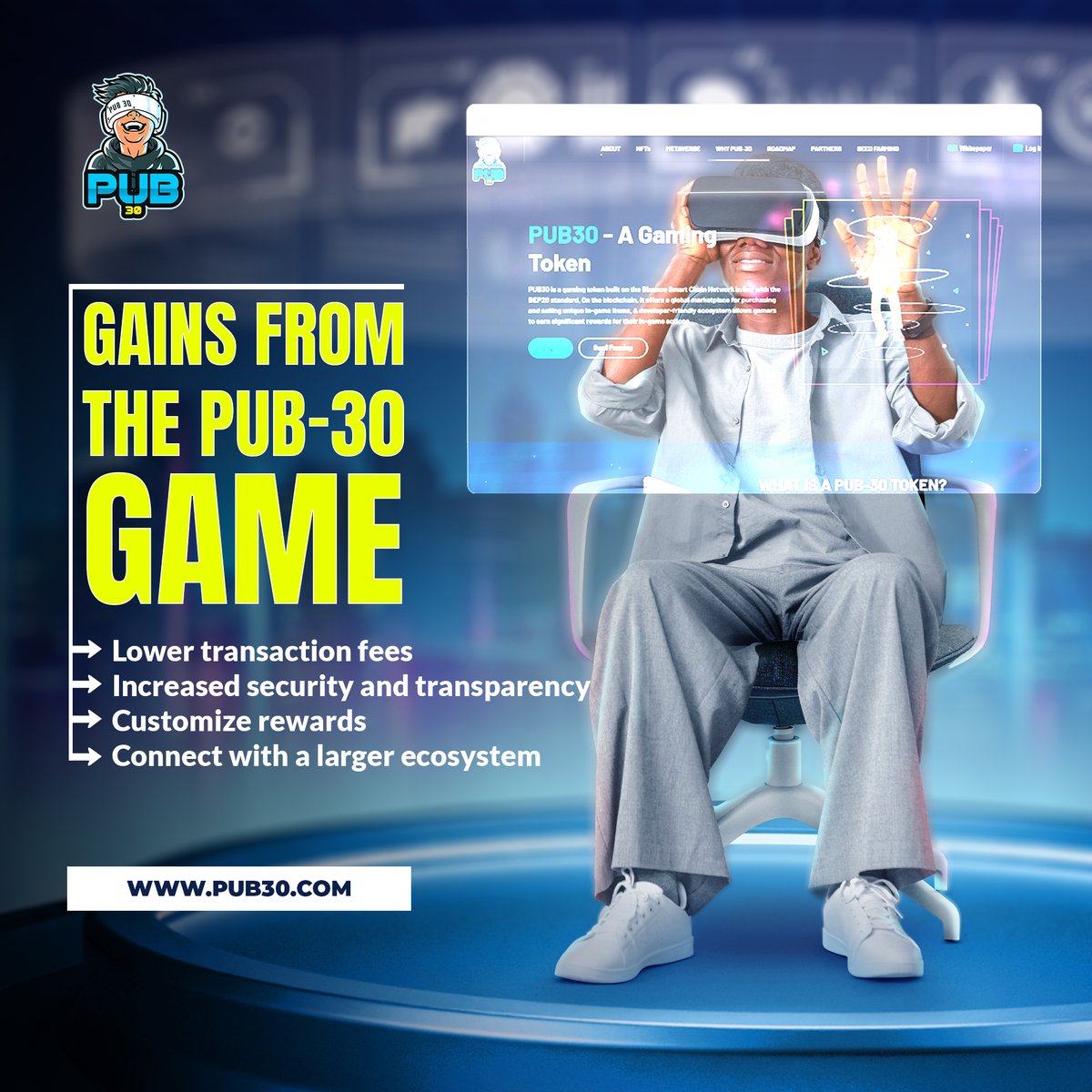 pub30official's tweet photo. There are numerous advantages to playing the pub-30 NFT game.
Visit our site- https://t.co/dFK2IXlyUY
.
.
#pub30 #gaming #token #gamingtoken #cryptocoin #tokenblack #metaverse #NFTs #nonfungibletoken #bnb #bsc #digitalcurrency #cryptocoingrowth #cryptocoinexchange https://t.co/JJYUTwQfgG
