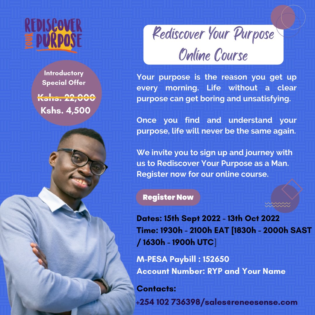 Dear Gentlemen, Have you ever thought about why you are here? What is your life's purpose? Is there more to life? How do you create a more fulfilled life?

We dive into these questions at the upcoming #RediscoverYourPurpose class.

Book your spot - bit.ly/3QkonWv