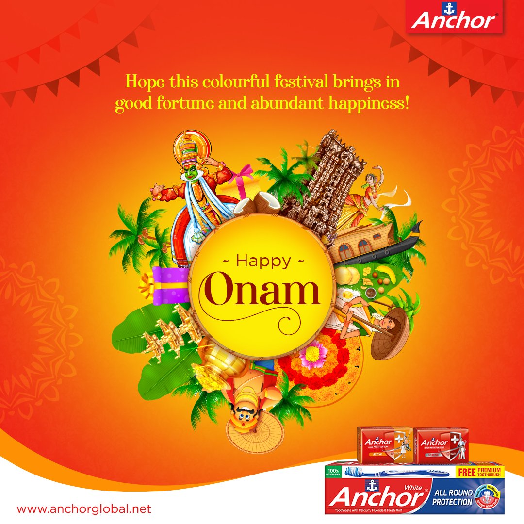 AnchorConsumer's tweet photo. A celebration of the home-coming of emperor Mahabali; let this auspicious festival of Onam be an opportunity to enjoy the love and bounties of nature by sharing it with your loved ones. Anchor wishes you all a very Happy Onam!
#AnchorGlobal #AllRoundProtection #FreeToothpaste https://t.co/KBiLM38GNr