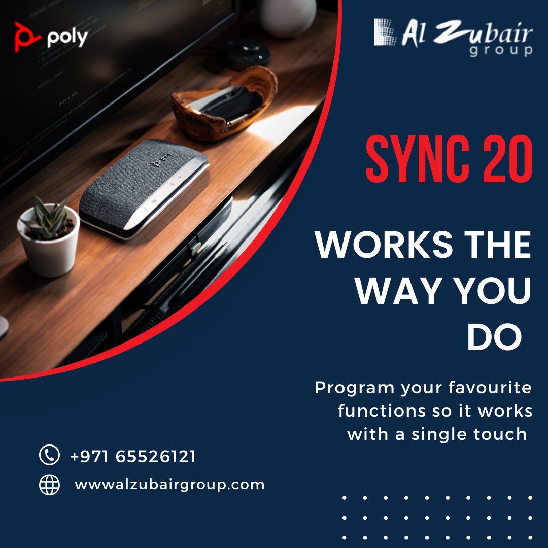 Alzubairgroup's tweet photo. Poly #Sync20 speakerphone, the perfect Poly-outfitted home work space, perfect for joining meetings remotely. Gives you the freedom and portability to take calls from anywhere. Focus on what’s being said and keep echo and noise out of the call. https://t.co/iDAwlDpLaj
