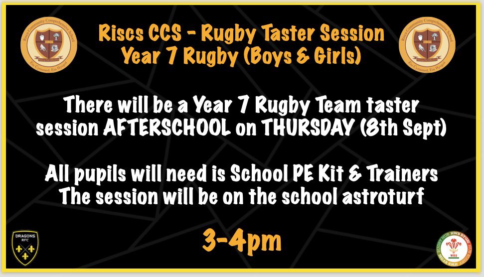 RCCS_Rugby's tweet photo. Year 7🏉 - Taster Session THURSDAY

Calling all @RiscaCCS YEAR 7 PUPILS! 
There will be a Taster Session for Boys and Girls of who may be interested in playing for the School Team! 

The session will be AFTERSCHOOL THURSDAY on the Astro 3-4pm 🟡⚫️

#RCCSRugby | @RiscaCCS_Head https://t.co/yEwcnRzbgp