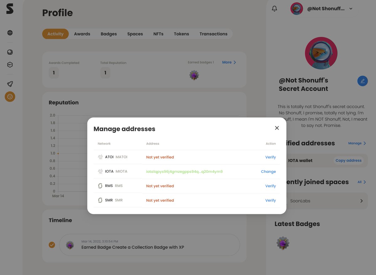 letsjustbuild's tweet photo. Did you know you can change the verified wallet of your profile? YES, you can! This is a feature that members collectively advocated for and got in our last update. Do you have a feature you want? Go to Github, build support and make it happen! #SMR #IOTA

https://t.co/cfSWCltK2g https://t.co/bE1KJnpD8s