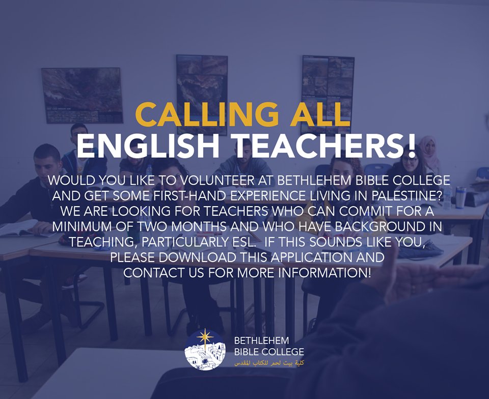 BethlehemBibleC's tweet image. Would you like to volunteer to teach English at Bethlehem Bible College? 
✔️Please send us your CV and teaching experience to this e-mail: ct@bethbc.edu.

#BethlehemBibleCollege #Englishassecondlanguage #englishteacher #volunteering