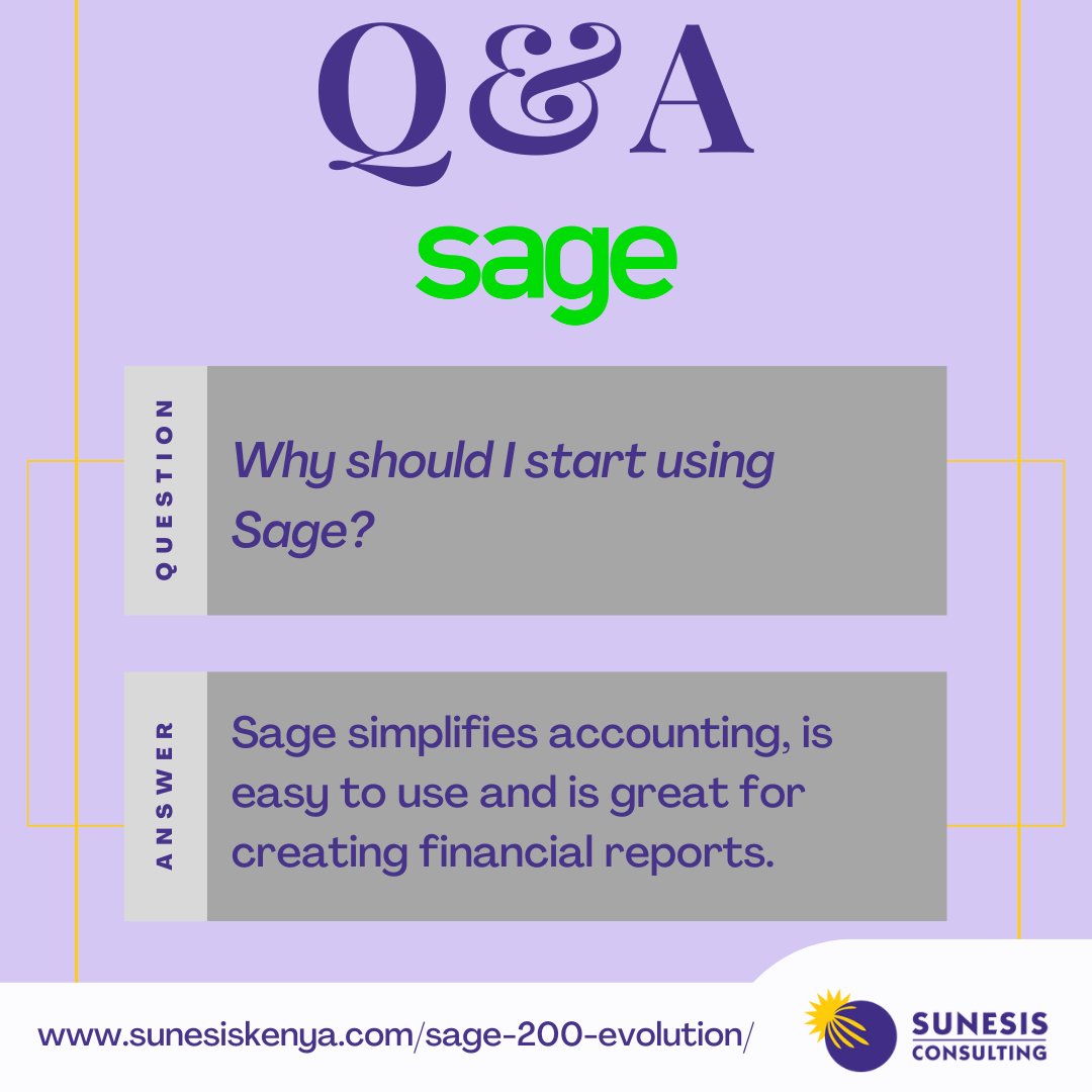 Why should you start using Sage? 
✳️A Fully integrated management application ✳️Specialized modules for industry specific requirements 
✳️Has the Lowest total cost of ownership 

Discover more about #Sage here: sunesiskenya.com/sage-200-evolu….