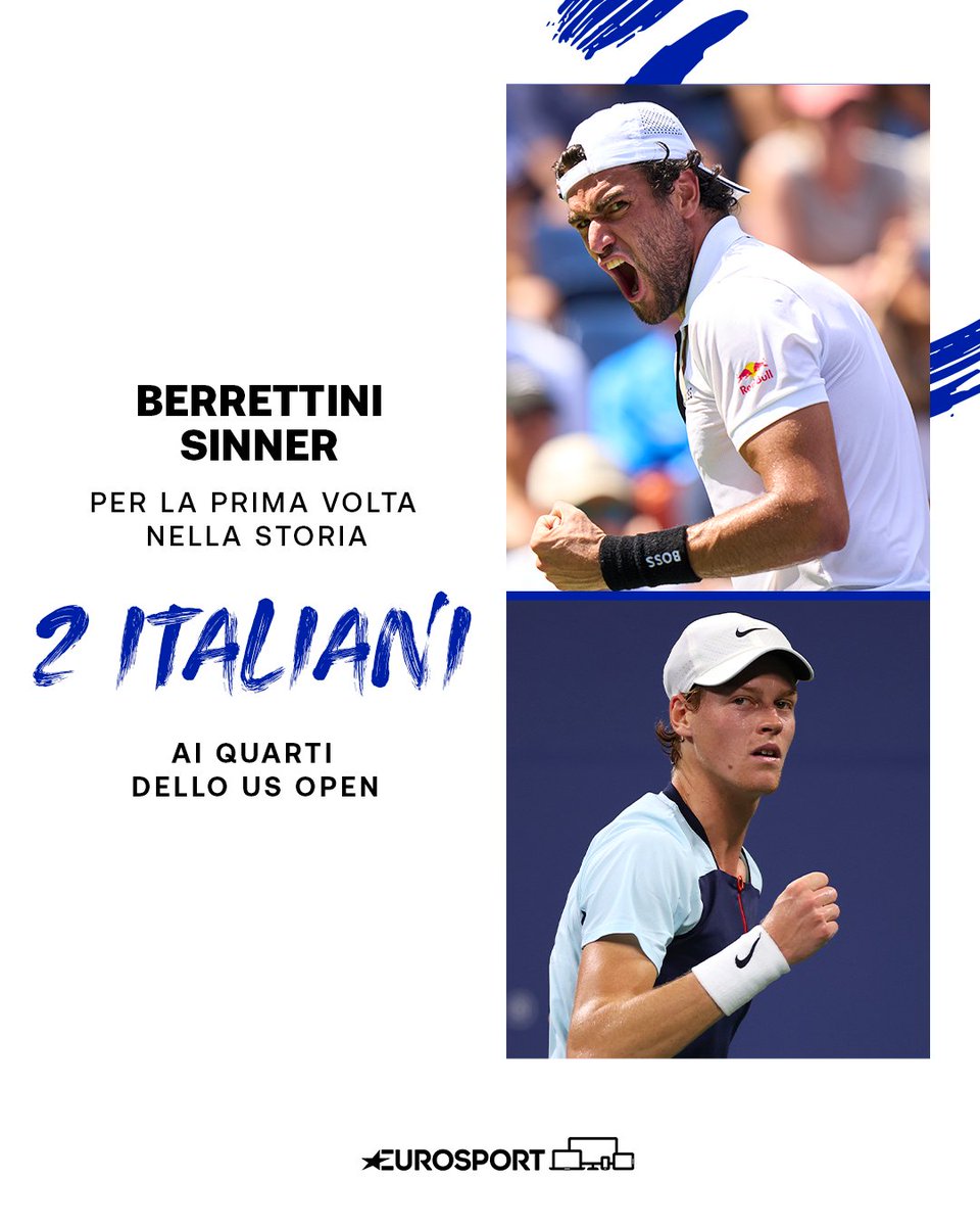 Eurosport_IT's tweet photo. Per la prima volta nella storia ci sono due azzurri ai quarti dello #USOpen: #Berrettini e #Sinner, ci fate sognare! 🤩✨🎾 https://t.co/UscJj5MHT7

#EurosportTENNIS https://t.co/b09p57bzpU
