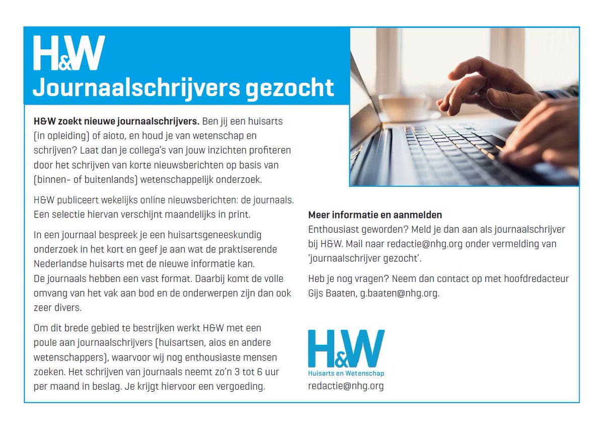 Houd je van #wetenschap en houd je van #schrijven? Dan zoeken we jou! <a href="/HuisartsWeten/">Huisarts & Wetenschap</a> <a href="/HuisartsWet/">Huisarts&Wetenschap</a>