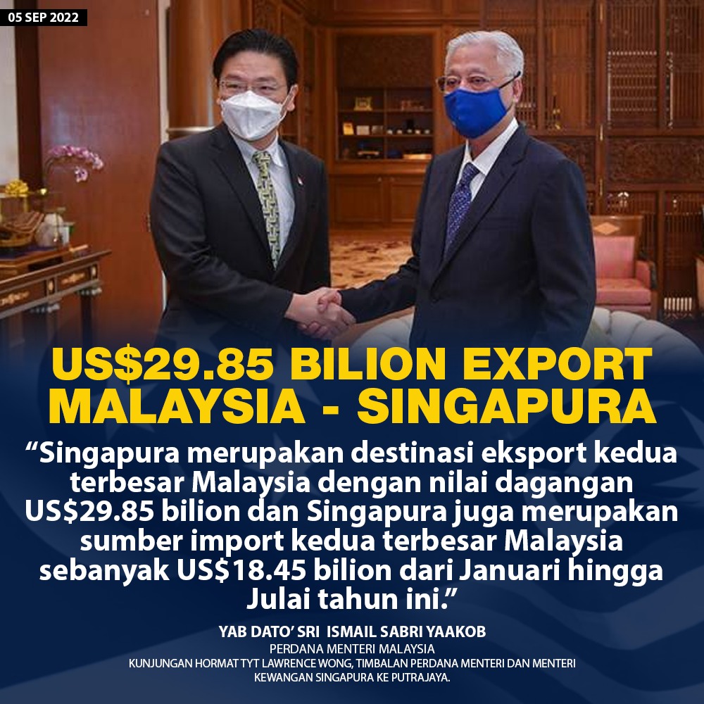 Perkukuhkan Hubungan Baik Malaysia dan Singapura.. Jumlah export barangan Malaysia ke Singapura 29bilion us dollar dari januari ke julai tahun ni.. 👍👍👍👍

#KeluargaMalaysia
#ismailsabri