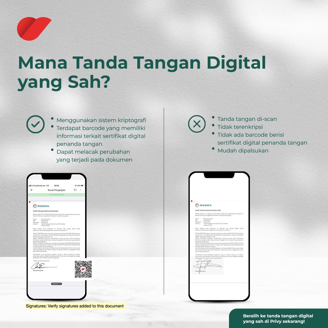 PrivyID's tweet photo. Udah pernah cek belum, kira-kira tanda tangan digital yang kamu lakukan sah atau tidak?
Sekarang waktunya #MemilihYangPasti dan pakai Privy untuk menikmati kemudahan tanda tangan digital yang sah dan tersertifikasi.
#ChooseRight #ChoosePrivy https://t.co/1U43o2NGr3