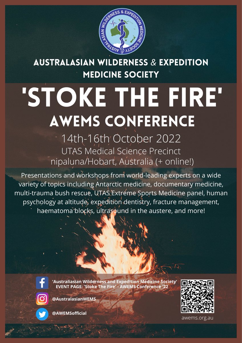 The Australasian Wilderness and Expedition Medicine Society (AWEMS) has lined up a fantastic program for its second annual conference in Hobart, Tasmania from 14-16 October. Don't miss out on securing your place (in-person/virtual participation). Scan the QR code below for more..