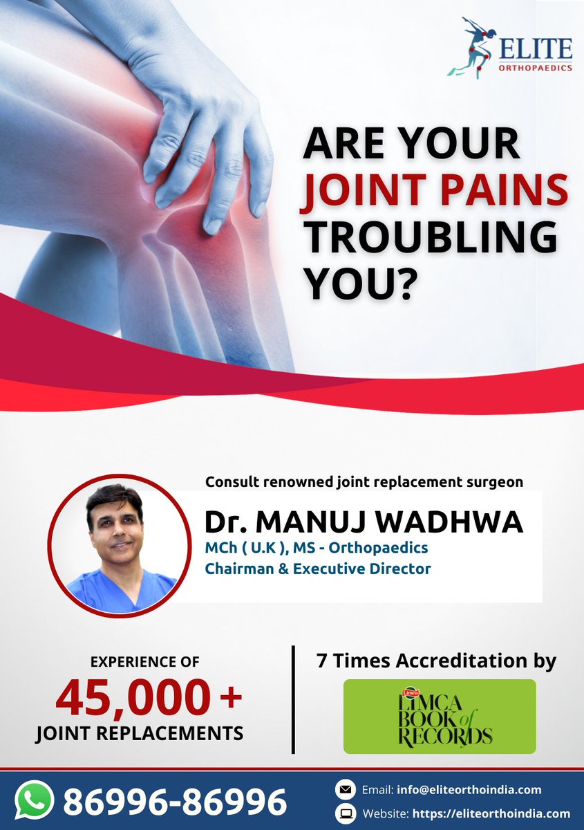 DrManujWadhwa's tweet photo. Don't put up with joint pain any longer.
Get the right advice and treatment at Elite Institutes of Orthopaedics &amp; Joint Replacement.

Call or whatsapp 86996-86996 or info@eliteorthoindia.com

#kneereplacement #BestKneeReplacement #DrManujWadhwa #EliteOrthopaedics #hipreplacement https://t.co/iwxdBIQi2g