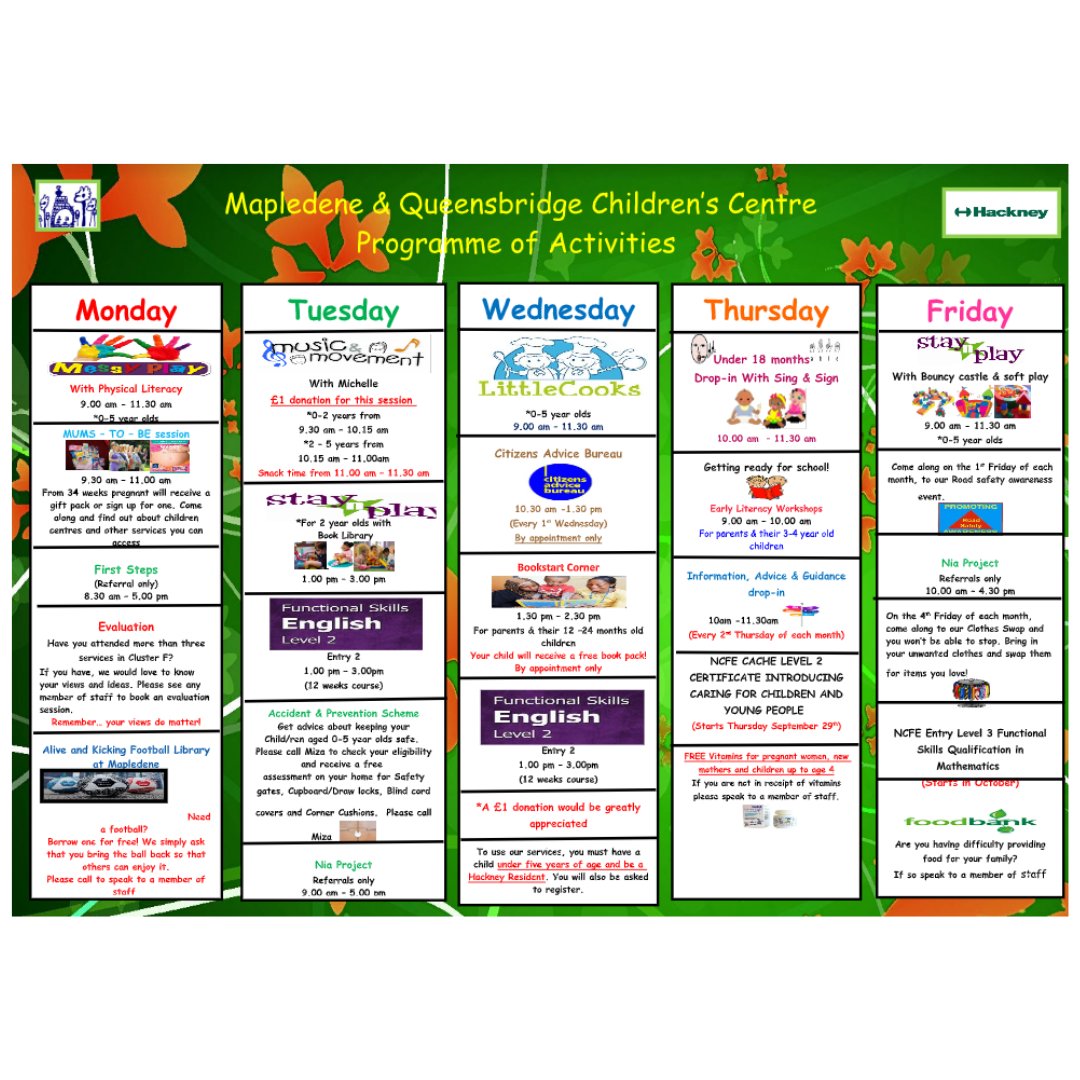 HackneyFIS's tweet photo. โจMapledene & Queensbridge Children's Centre Programme of Activities --> Check it out!!!
#mapledenecc #musicandmovement #bookstart #messyplay #singandsign #hackney #littlecooks https://t.co/4iUSSfOPQl