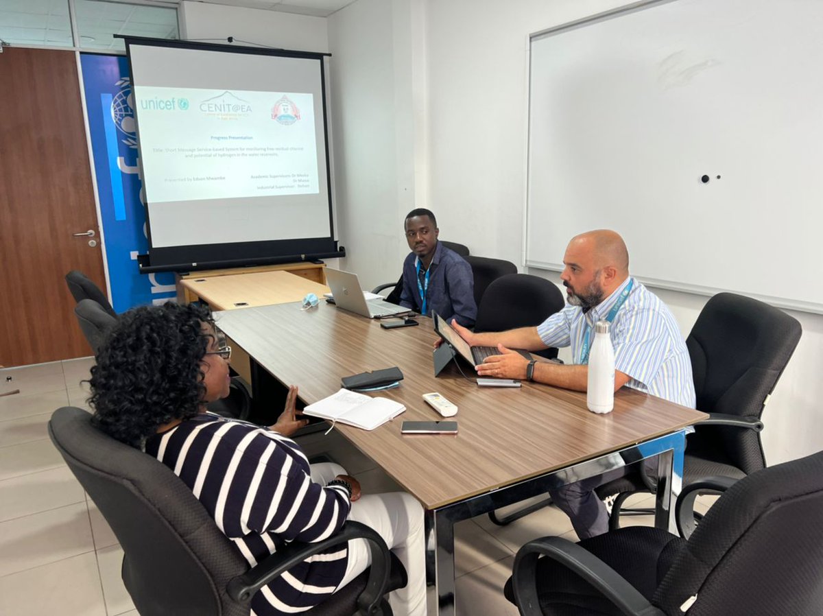 EaCenit's tweet photo. Prof Verdiana Masanja visited our #EMoS student Edson Mwambe who is doing internship at the @UNICEFTanzania. The student has identified
a problem that needs a solution using embedded technology, and currently working on developing an innovative solution #DigitalTransformation https://t.co/vpwzYJBIoC