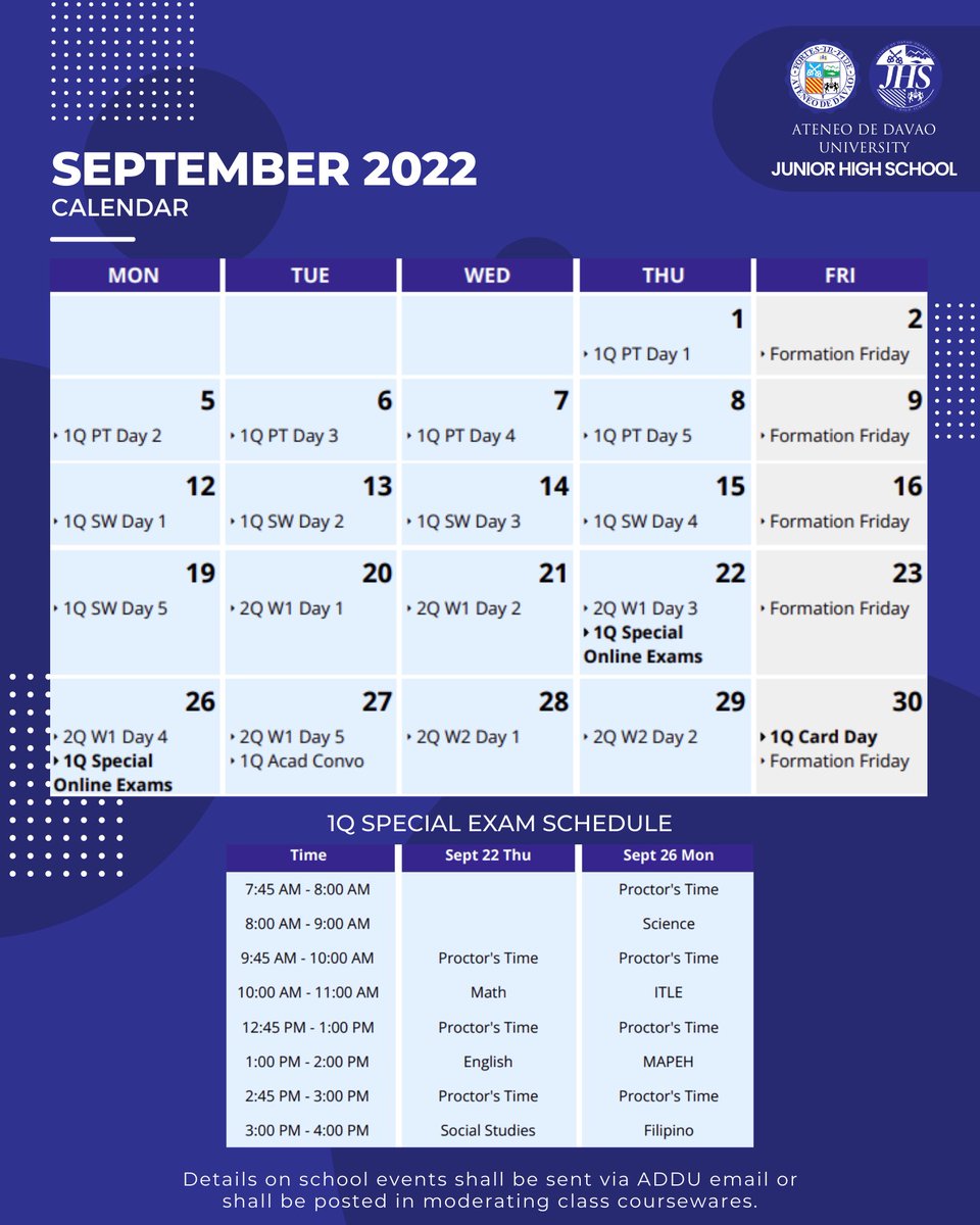 Ateneo de Davao University JHS (@addu_jhs) on Twitter photo CALENDAR | September 2022 (Updated)
For more info on JHS learning, visit jhs.addu.edu.ph/hisflex
<a href="/addujhs_osa/">AdDU JHS OSA</a> @asecofficial23 CALENDAR | September 2022 (Updated)
For more info on JHS learning, visit jhs.addu.edu.ph/hisflex
<a href="/addujhs_osa/">AdDU JHS OSA</a> @asecofficial23
