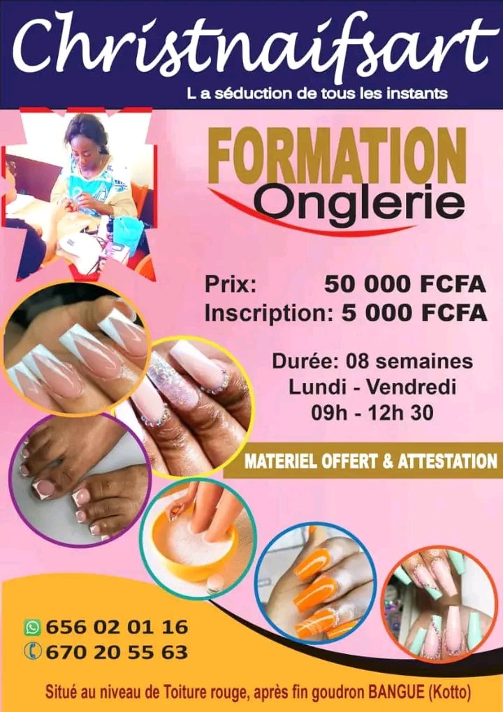 #Formation📌

☀️ Onglerie 

🗓️ Lundi - Vendredi (08 Semaines)
⌚ 09H - 12H 30

⛳ Toiture rouge , après fin goudron BANGUE  
☎️ 656 020 116 / 670 205 563

💰 50 000 FCFA - Frais de formation
       5 000 FCFA - Inscription 

#Formation #ChristNaifSart #Onglerie  #ActuEvent2Fifi