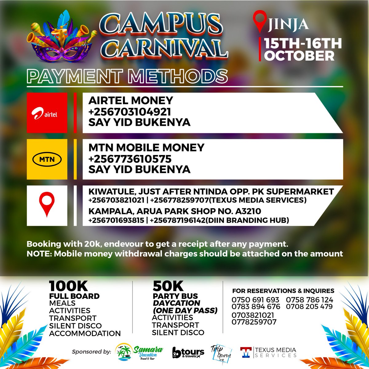 wildsafariug's tweet photo. For all payments regarding the Campus Carnival....
Follow the payment methods or get to any of the ticket outlets as seen on the poster so as to get your ticket...
Weeks to go...
Book your slot with 20K tusimbule 🔥🔥
#CampusCarnival https://t.co/zG1ISIKx3y