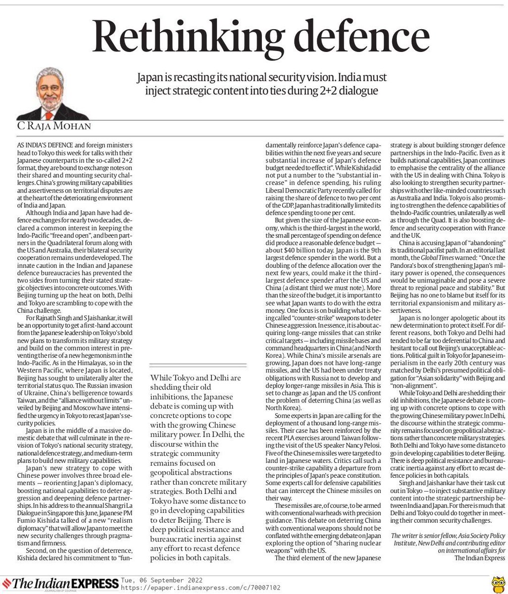 MohanCRaja's tweet photo. On India and Japan’s efforts to boost deterrence against China: https://t.co/bD9kobT1D3