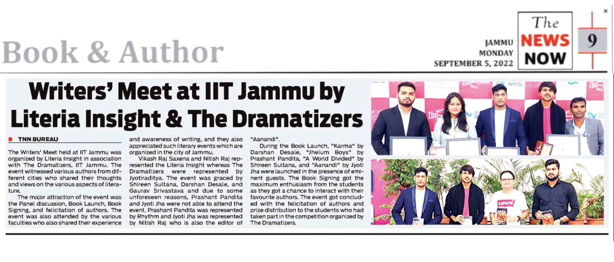 Imjyoti5's tweet photo. #WritersMeet at the prestigious #IITJammu
Thankyou #TheNewsNow
The Dramatizers, IIT Jammu
@IITJammu
#LiteriaInsight
#TheDramatizers, IIT Jammu
#Aanandi
@InsightLiteria https://t.co/3ZW0kG6H4F
