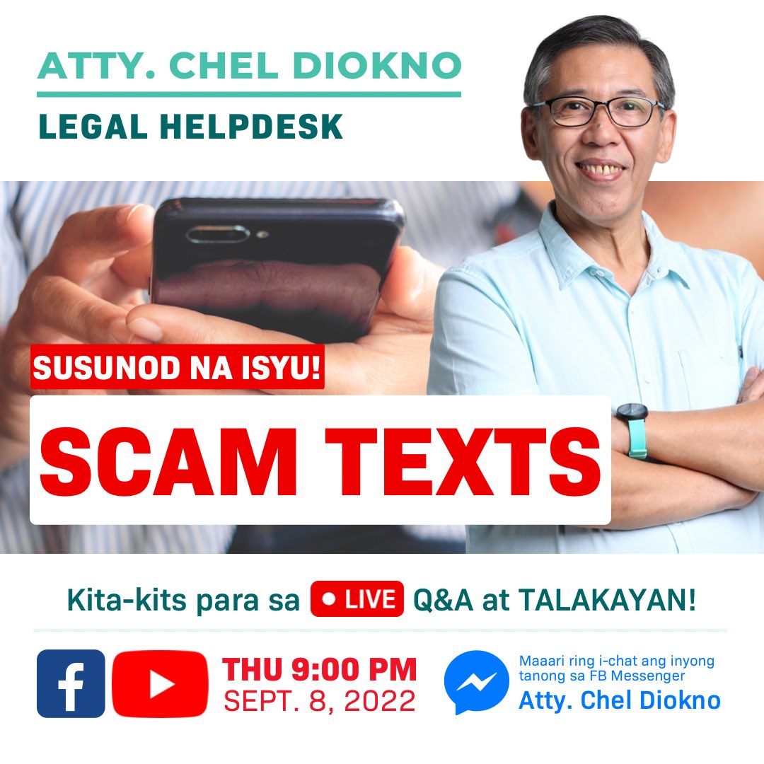 ChelDiokno's tweet photo. SCAM ALERT‼️Nakatanggap ka din ba ng text na nanalo ka sa lotto? O inaanyayahan kang magtrabaho at magclick ng kung anu-anong link? Naku! Pag-usapan natin yan sa ating #LegalHelpdesk para mas maliwanagan tayo sa kung anong dapat gawin sa mga ito! https://t.co/hszIytKbI9