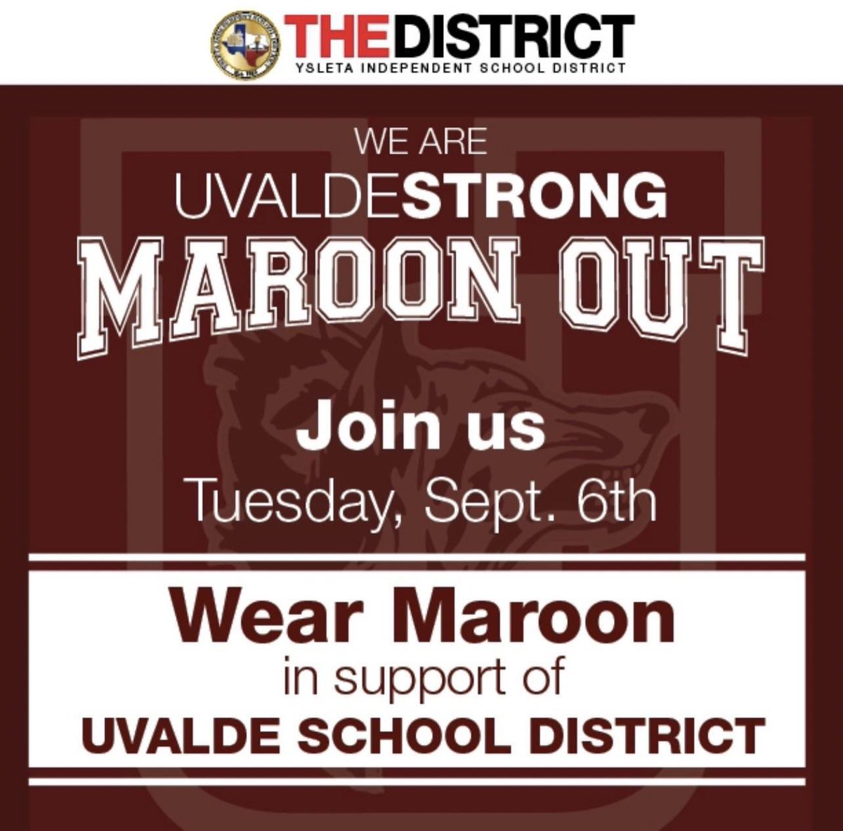 BelAirHigh's tweet photo. Highlanders: Let's show our support for Uvalde CISD on their first day of school.  Wear maroon tomorrow, Tuesday, Sept. 6.  Together we stand!  

#UVALDESTRONG
#THEDISTRICT https://t.co/CZfXro59UT