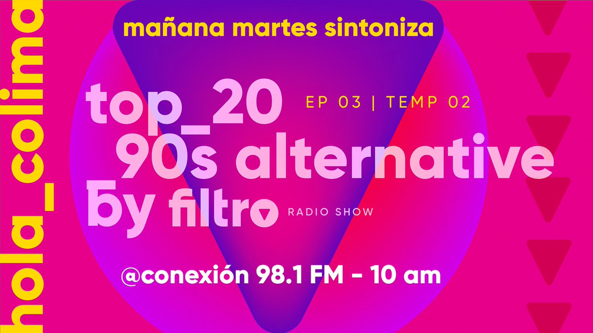 holafiltro's tweet photo. Mañana es martes y eso solo significa una cosa:

T2EP03 de Filtro armando una lista con lo mejor en español e inglés de alternativo 90’s.

En @conexion981 

https://t.co/WvjqvV2khO https://t.co/es3VAqlCnq