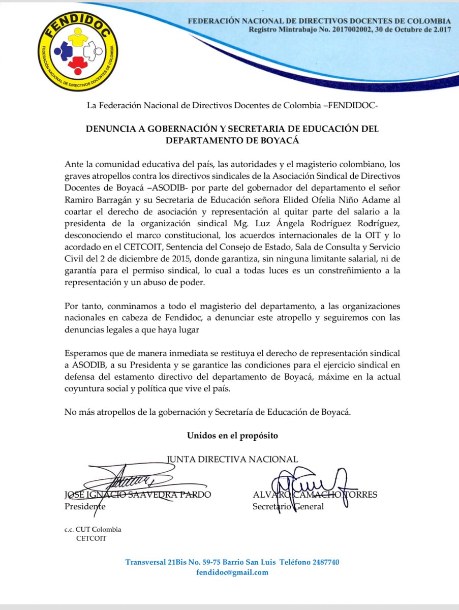 sindidnar's tweet photo. SINDIDNAR apoyo total a los compañeros directivos docentes de Boyacá.. Rechazamos la violación al derecho de libre asociación y desconocimiento de las garantías sindicales.. !! https://t.co/YLfxqeM8MW