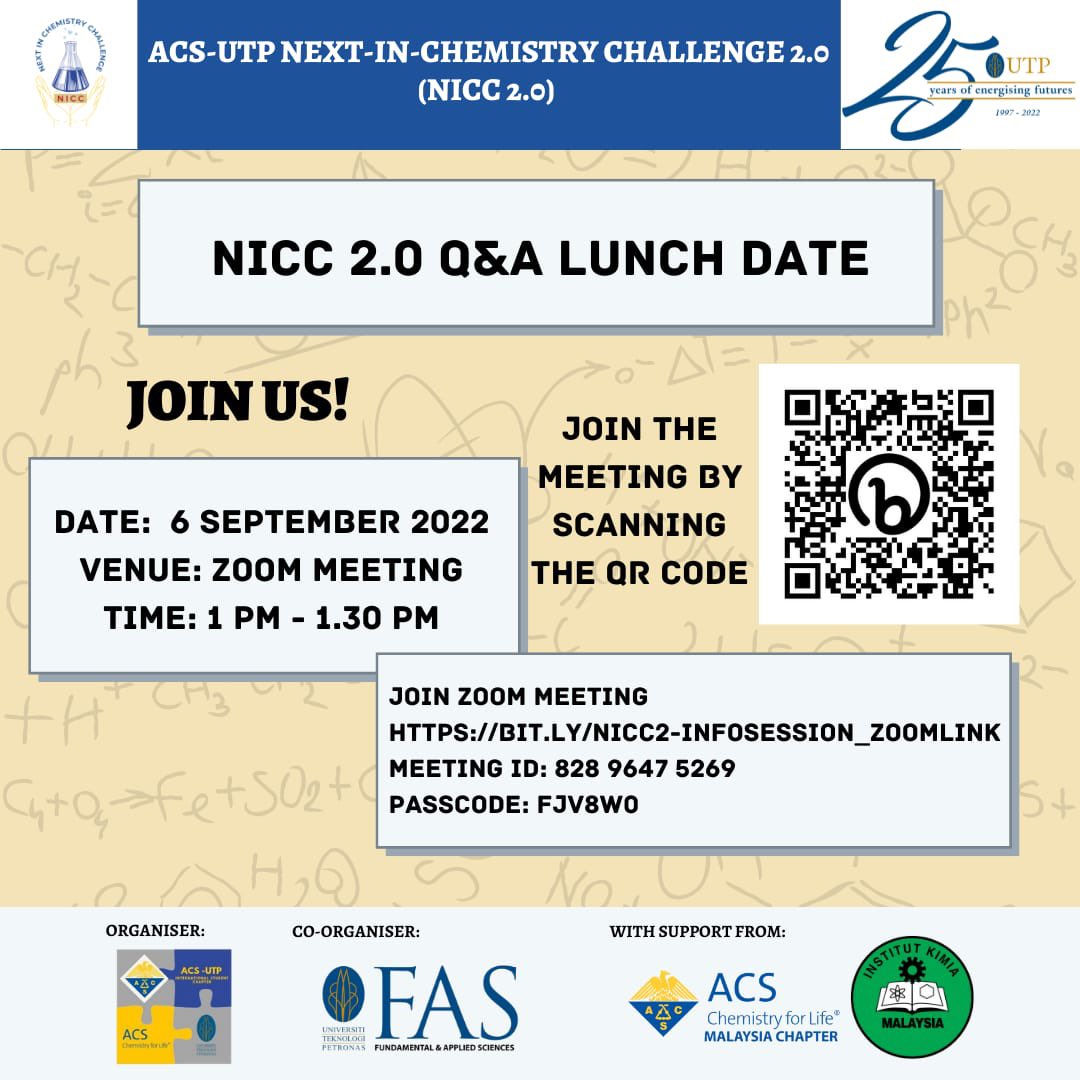 AcsUtp's tweet photo. Hello! 🤗For those who interested in joining the 5 min pitching competition! You guys are welcomed to join the info session regarding the competition!✨😁

#ACSUTPISC #NCW2022 #chemistry #fabrics #international #varsitycompetition https://t.co/j4sGEJPJWL
