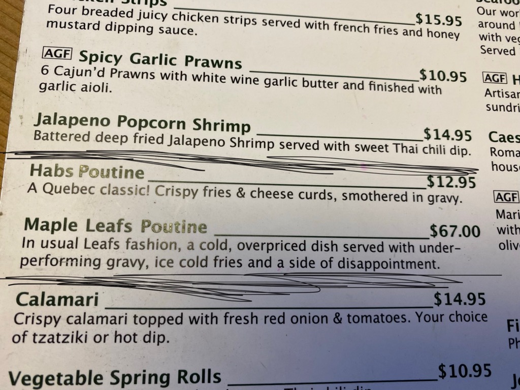 Angeline19781's tweet image. My daughter at a restaurant in Victoria has this on their menu...🤣🤣🤣 #LeafsForever