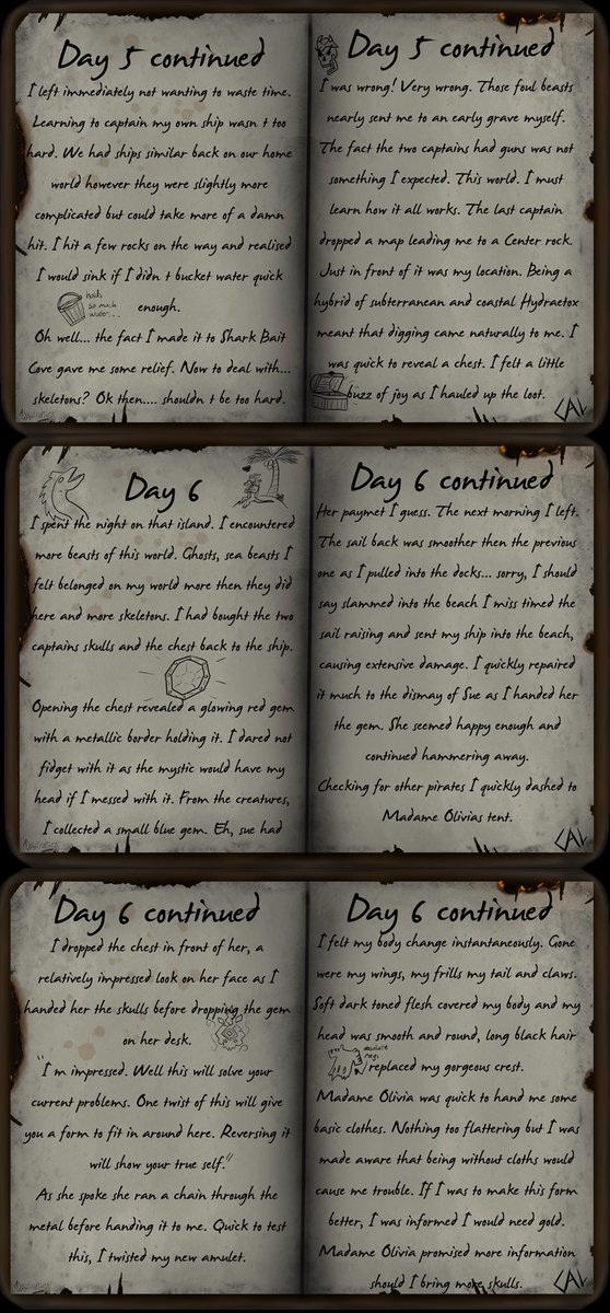 OzstrAlien's tweet photo. My pirate Callora keeps a journal of her time on the sea of thieves. She collects information, sketches and records all she finds. She notes friends and foes met along the way and her understanding of this strange new world. Expect more pages as her adventure continues. https://t.co/v6SHuvdt67
