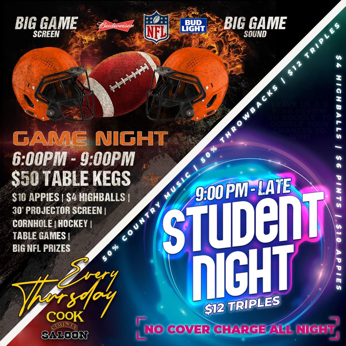 realcaptainron's tweet photo. Super excited about this one!!! NFL fans there is only one place to be for Thursday Night Football!!! Cook County Saloon!!!!!!!!!!!!!!Tons of prizes and I do mean lots of prizes!!! Join me and Dj Billy every week and stay for the biggest and best party in the city!!! #nfl2022 https://t.co/CeL7Du3tYr