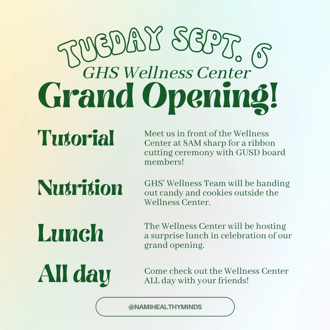CounselorsGHS's tweet photo. Wellness Week 2022 will kick off tomorrow morning at 8am with the Grand Opening and Ribbon Cutting of the GHS Wellness Center!🎗Join us! https://t.co/IloAyvcQ8L