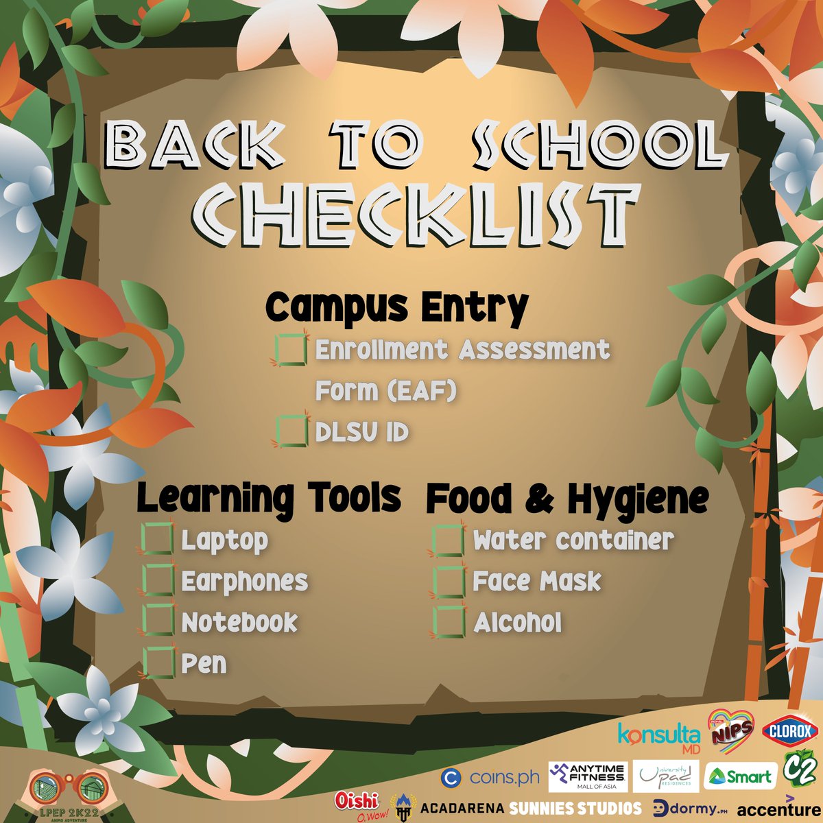 DLSU_LAMB's tweet photo. Are you well-prepared for the first week of classes?

Double-check your belongings with our Back to School Essentials Checklist! Make sure to have these items packed and then you’re all set for your Animo Adventure! ✅

Happy first week! 🌟

#LPEP2K22
#AnimoAdventure https://t.co/baGgs25sAy