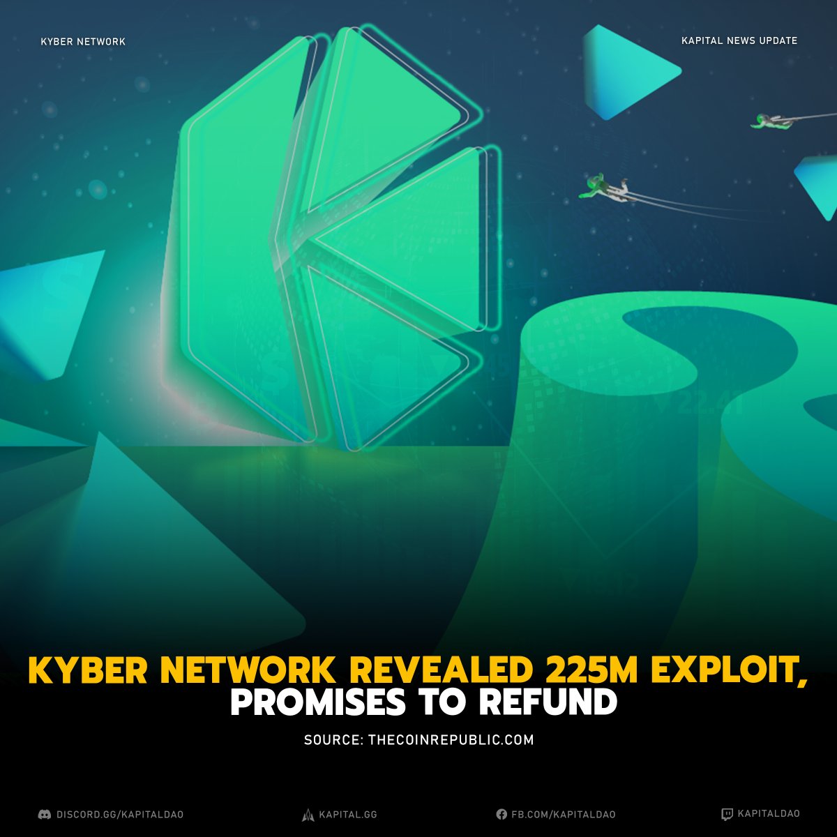 kapital_news's tweet photo. Kyber, a blockchain-based liquidity hub, uncovered a weakness in its website code that allows hackers to steal away roughly $265,000K. 

Acc. to Kyber's announcement, two "whale" addresses seemed to be affected by the assault, and procedures are in place to pay for the losses. https://t.co/LNA43yeK9x