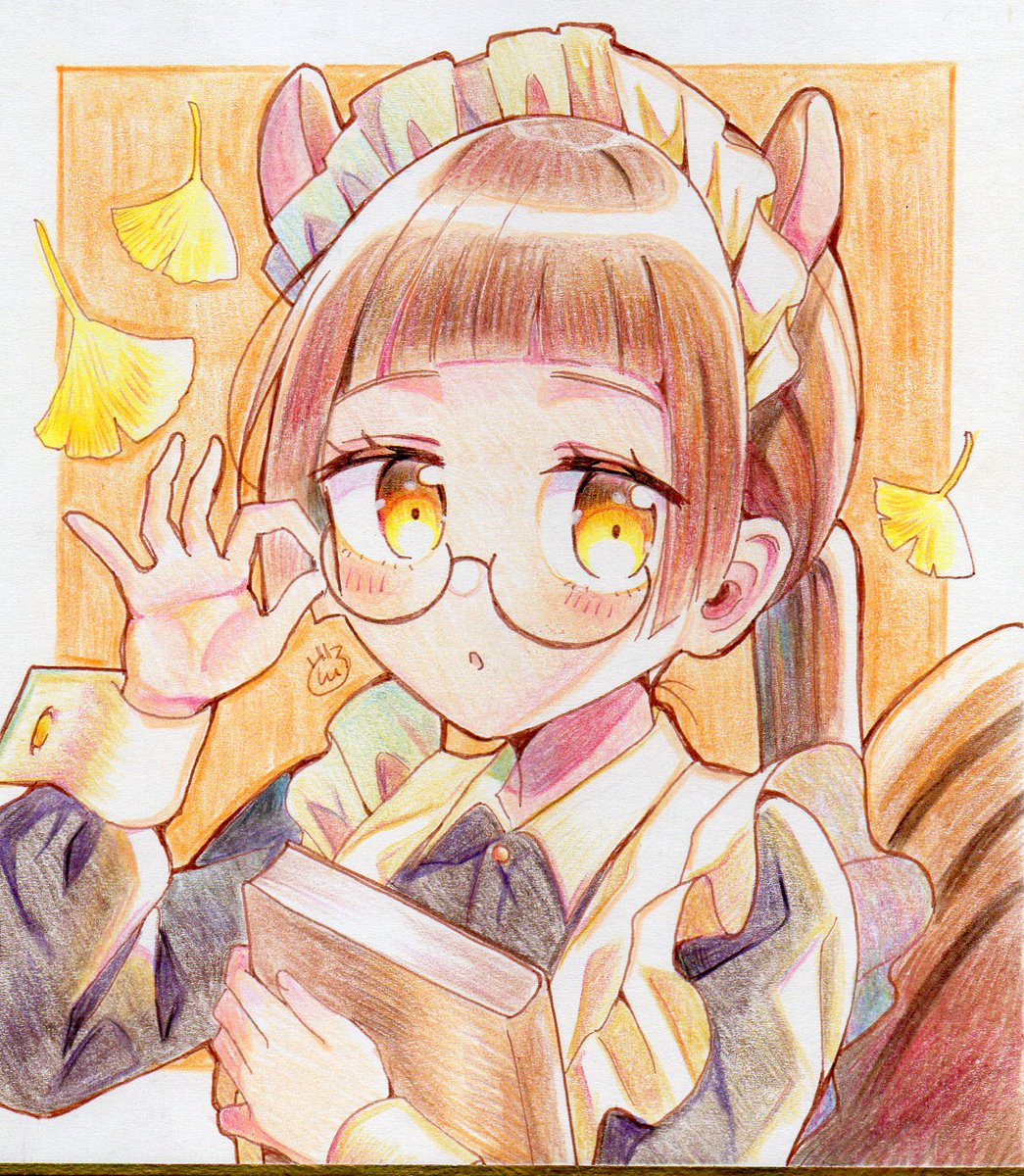 1girl solo animal ears brown hair glasses traditional media book  illustration images